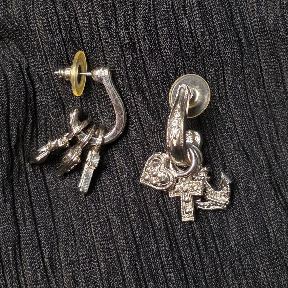 Vintage Faith Hope Charity Charm Hoop Earrings Cross Anchor Heart Silver Tone